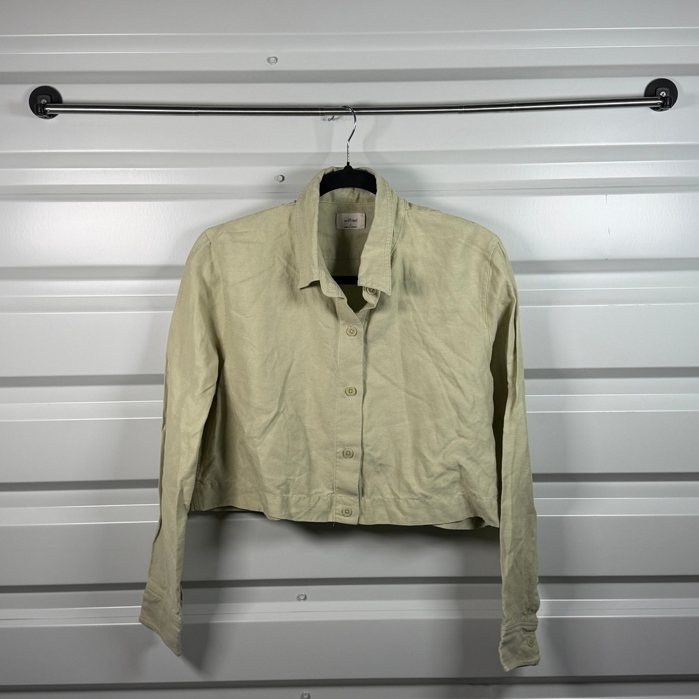Wilfred Aritzia Linen Blend Cropped Button Down Shirt Sage Green Small‎ 82894